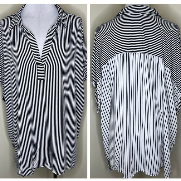 Jane and Delancey Top 3X Plus Black White Striped V-Neck Collared Casual Work - Picture 1 of 9